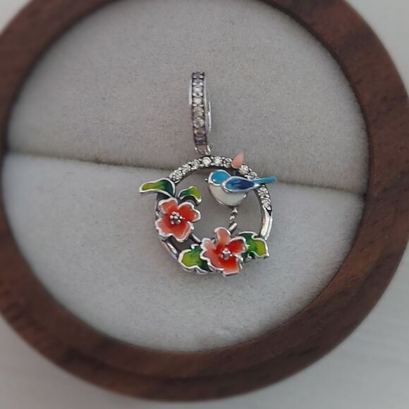 925 Silver Bird & Garden Dangle Charm - Picture 3 of 5